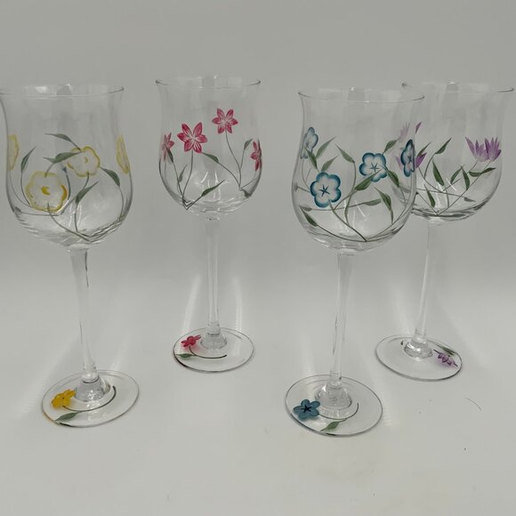 Set of 4 Lenox Hand Painted Floral Long Stem Wine Glasses - Picture 1 of 6